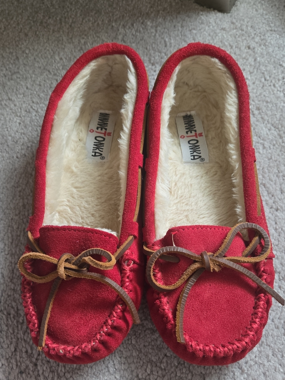 Minnetonka Red Suede Women's Moccasin Slippers with Leather Bow